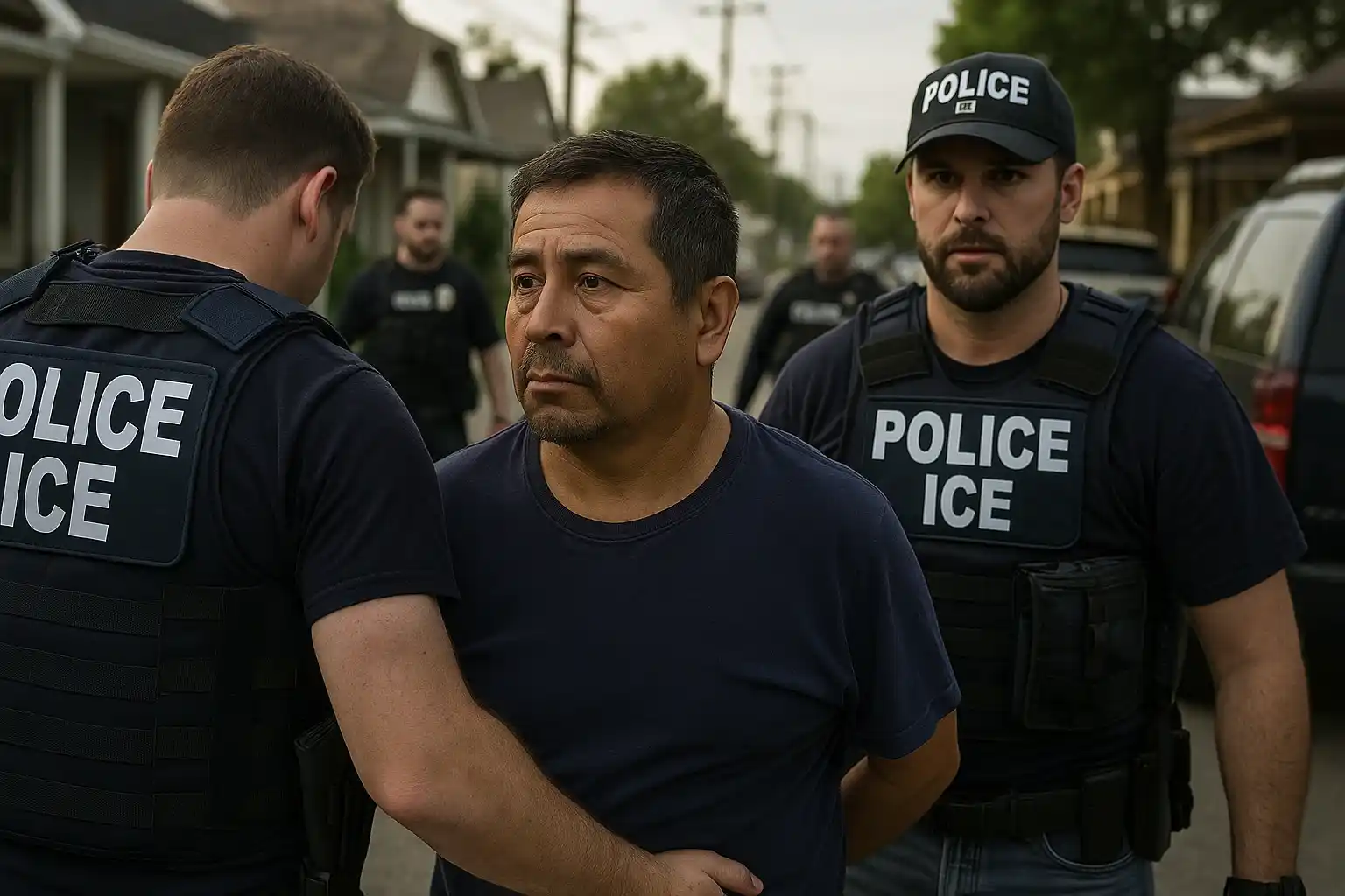 An ICE officer detaining a person near a U.S. residential neighborhood in 2025, with government vehicles nearby.
