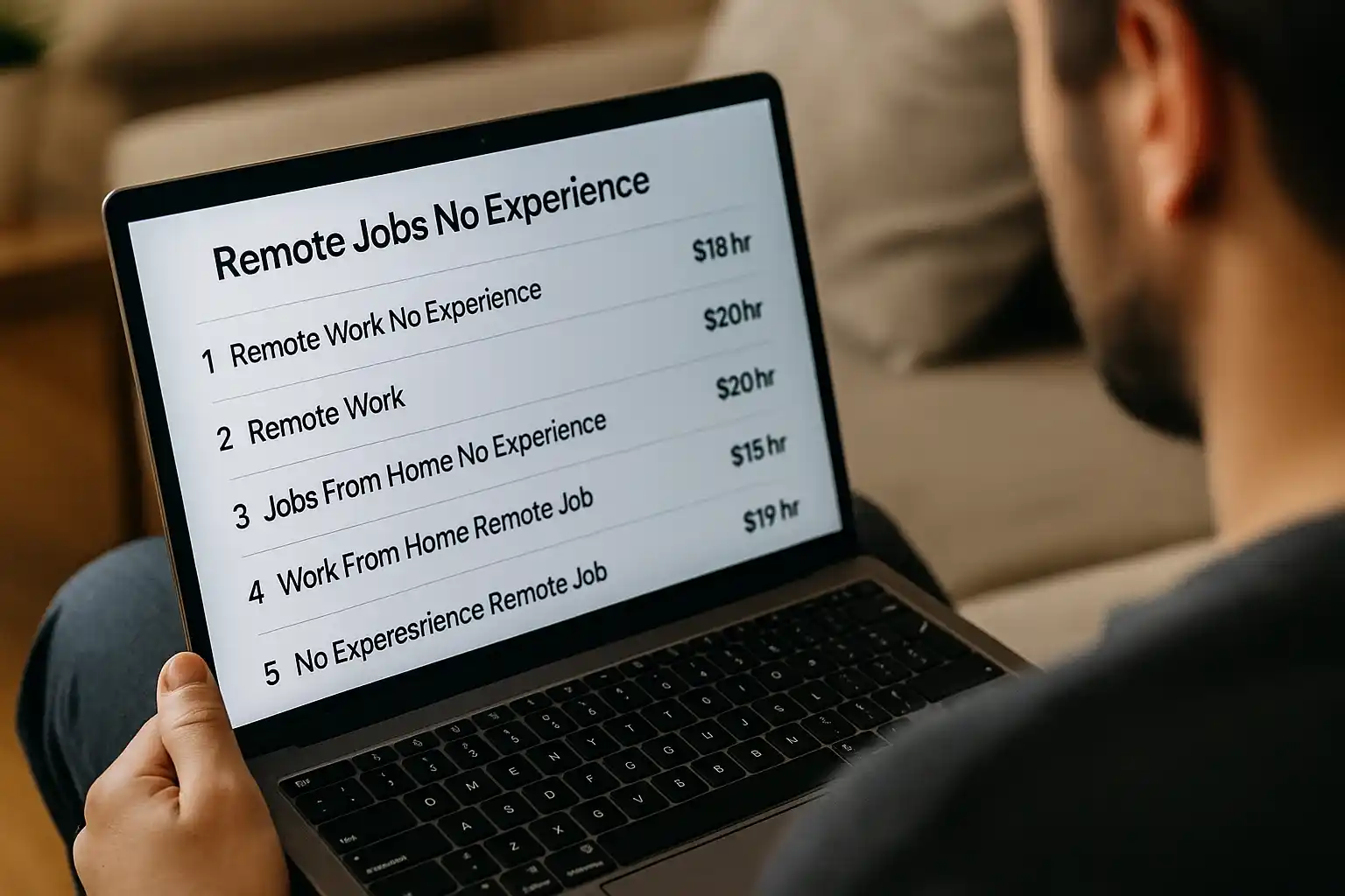 Remote jobs with no experience in 2025 — a single mom with baby working on a laptop, a man in headset in a living room, and a woman in kitchen doing remote work on computer